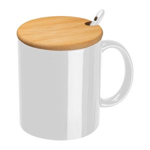 Ceramic mug with spoon and bamboo lid