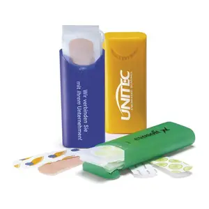 Unprinted plasters in plastic case with logo print